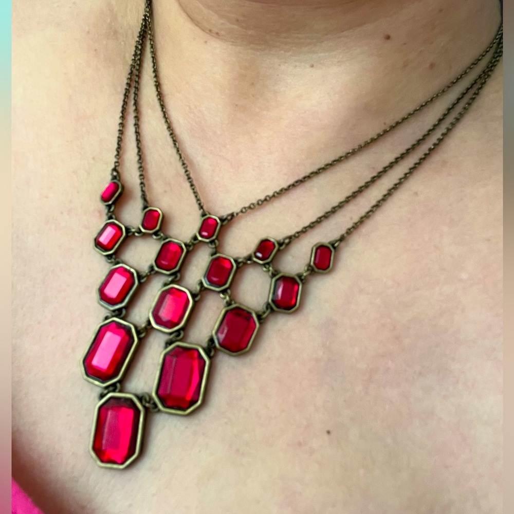 Vintage Triple Strand Bronze Tone Red Rhinestone Necklace